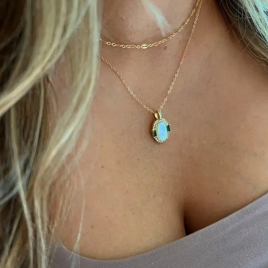 Gold Filled Lab Grown Emerald Bay Mother of Pearl Pendant with Cz's Necklace