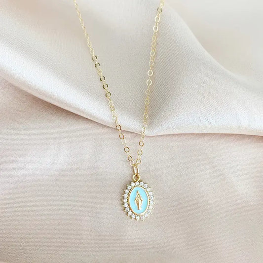 Lourdes Virgin Mary Religious Necklace Gold Filled With CZ's