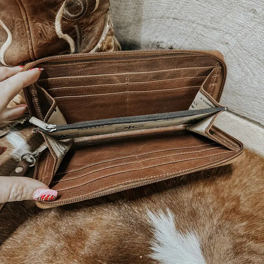 Checkered Cowhide Womens Wallet Wristlet Brown