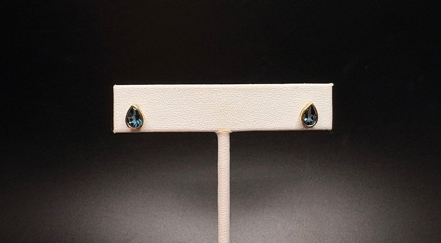 14K Yellow Gold Teardrop Genuine London Blue Topaz Studs