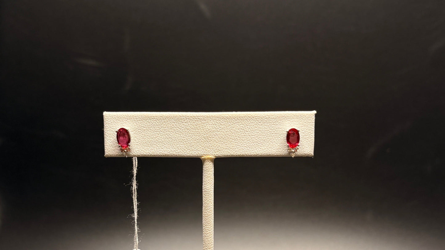 14K White Gold Genuine Ruby Stones With Natural Diamond Studs