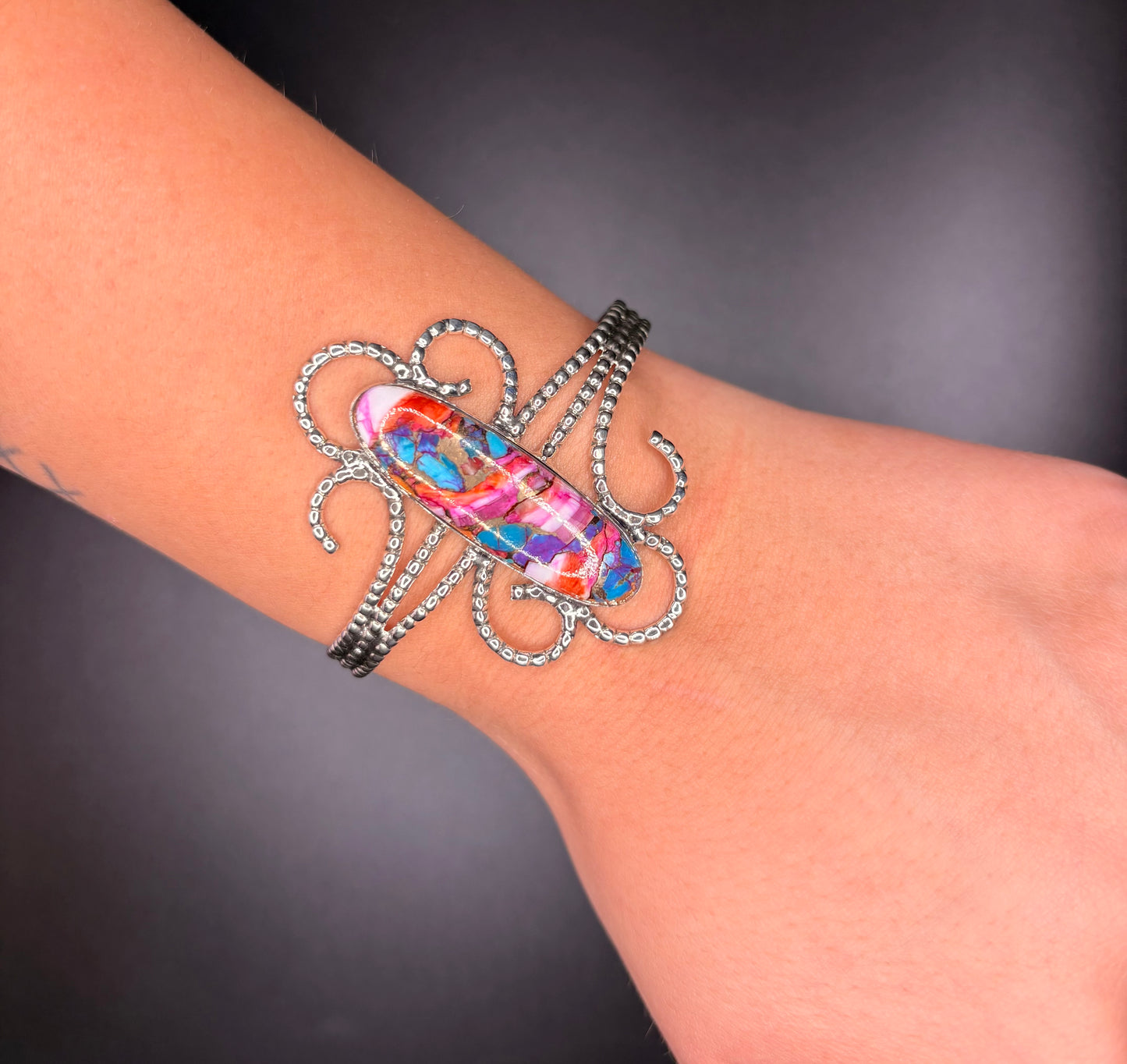 Sterling Silver Genuine Pink Dahlia Turquoise Bracelet
