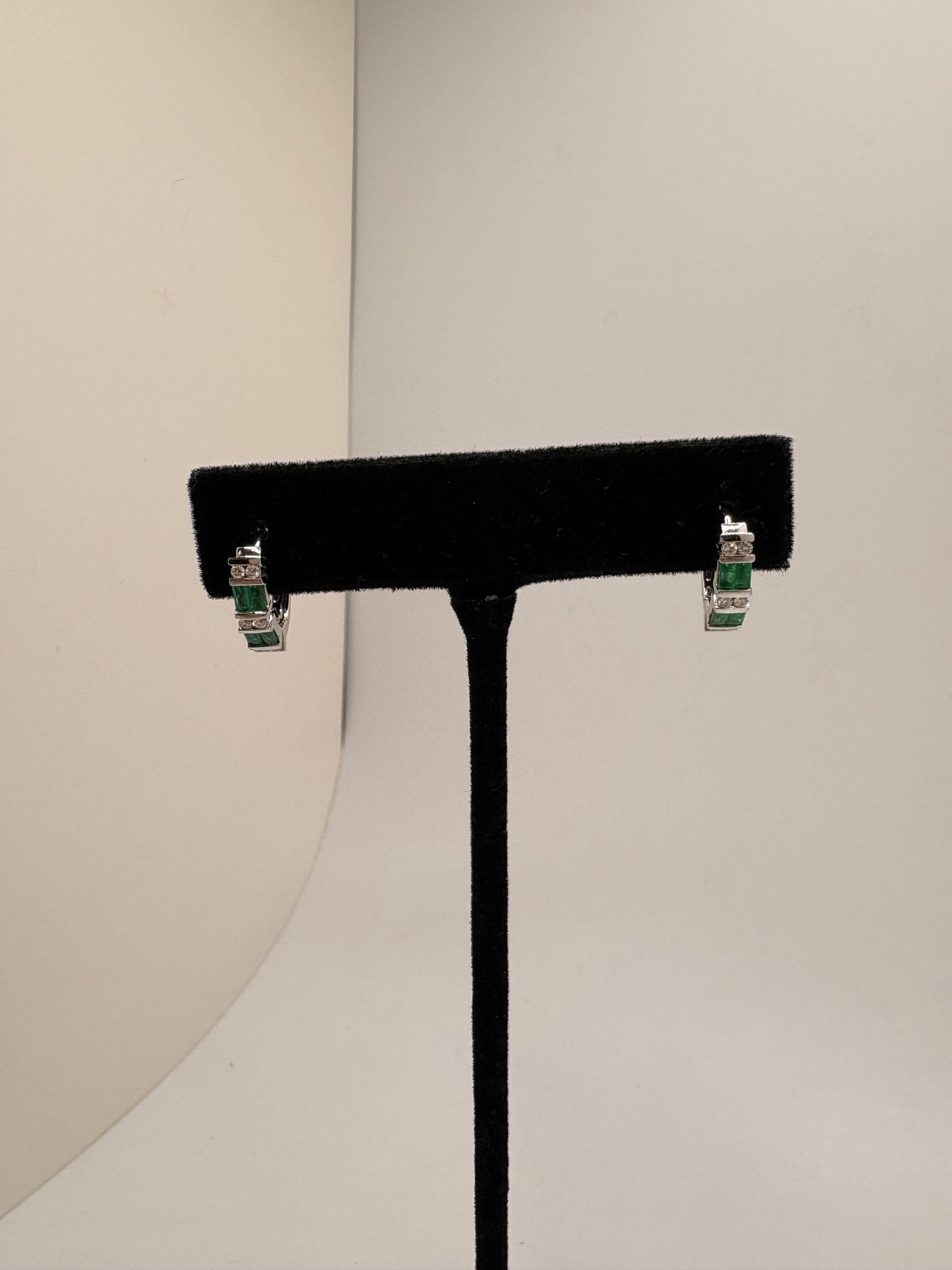 14K White Gold Natural Diamonds And Genuine Emerald Stone Earrings