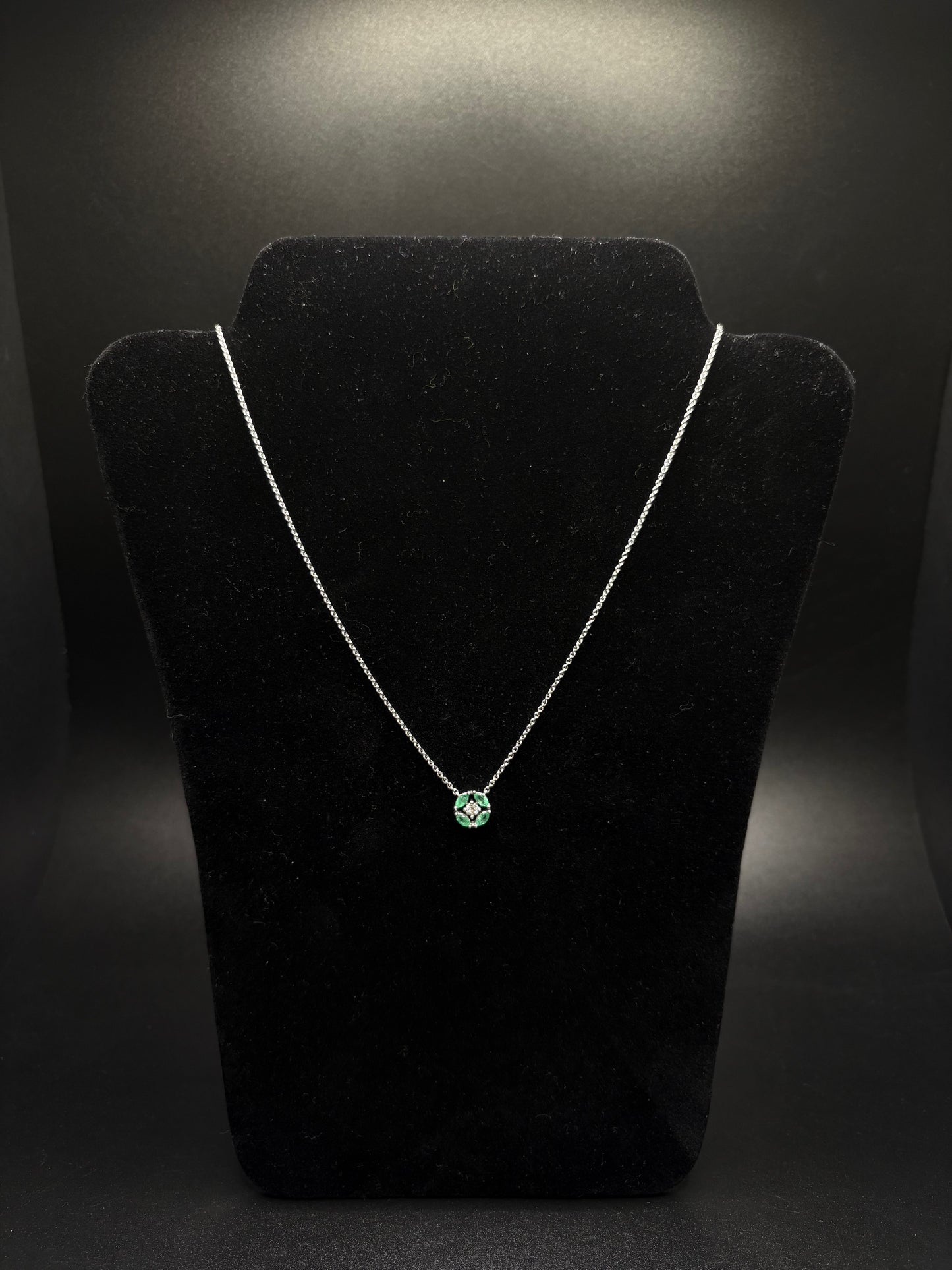 14K White Gold Genuine Emerald Stones with Diamonds Necklace