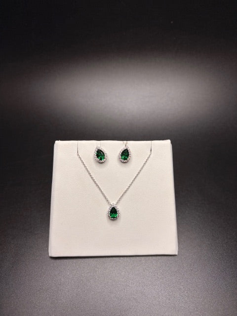 Sterling Silver Emerald Pear CZ Necklace And Earring Set