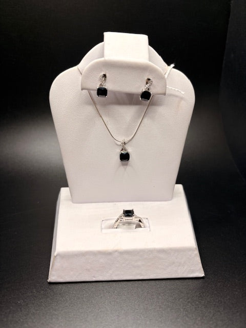 Sterling Silver Imitation Onyx Cz Earring, Ring And Necklace Set