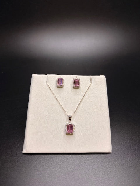Sterling Silver Imitation Pink Tourmaline Cz Necklace and Earrings Set
