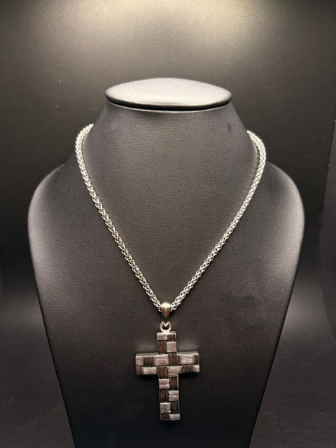 Stainless Steel Antiqued Woven Cross Necklace