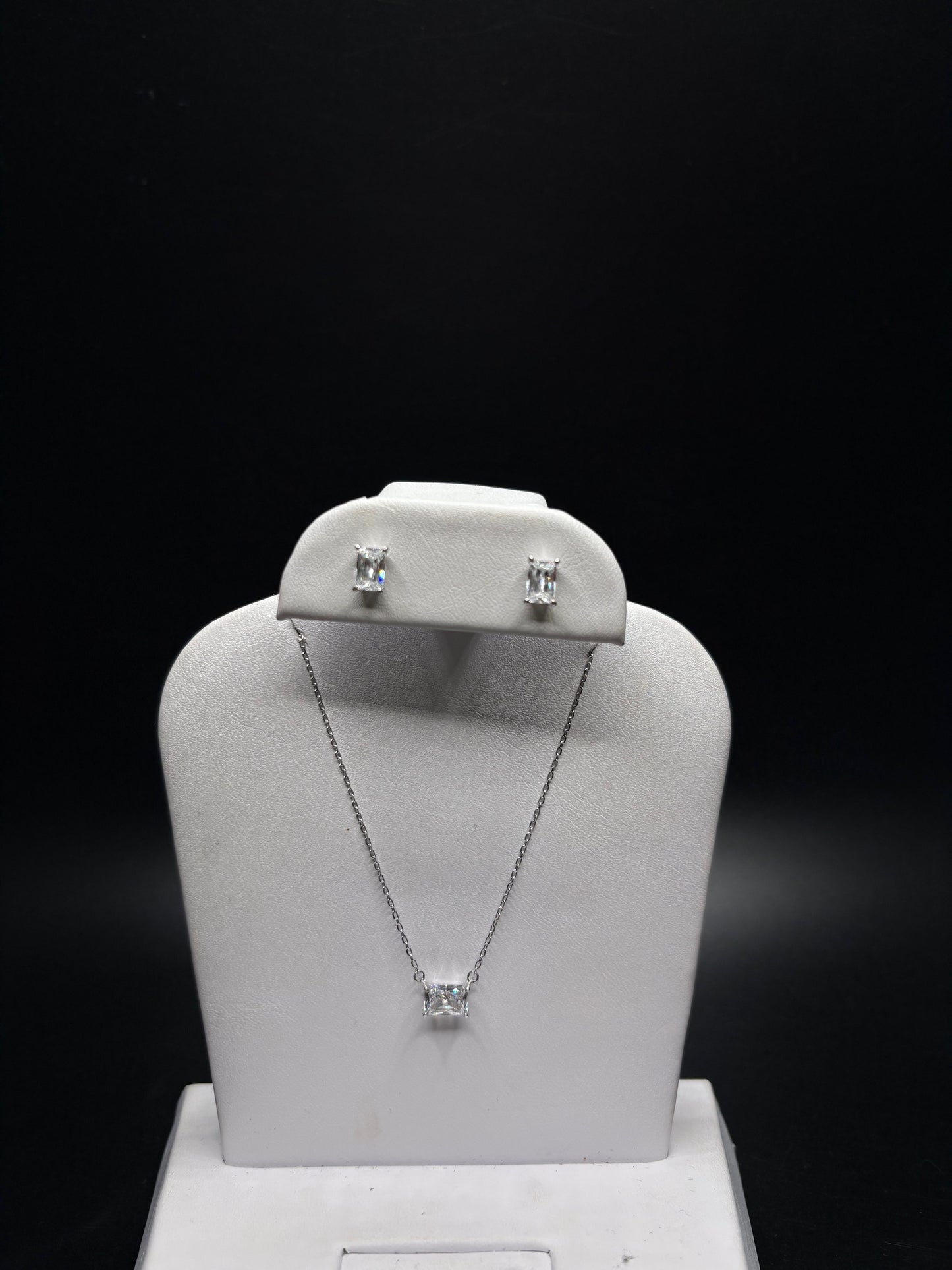Sterling Silver CZ Rectangle Necklace And Earring Set