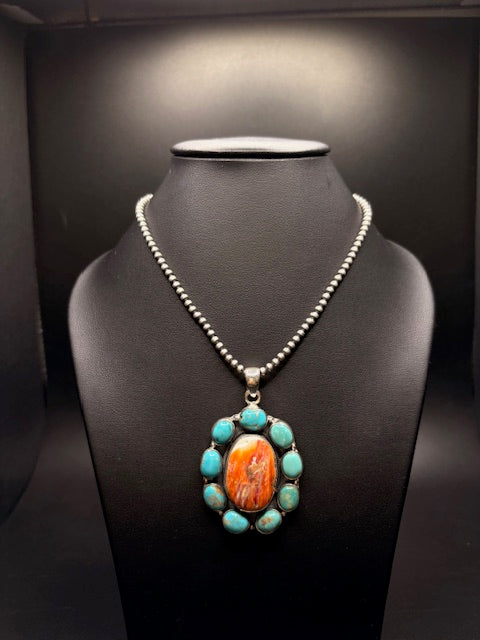 Sterling Silver Navajo Beaded Spiney Oyster Turquoise Pendant Necklace
