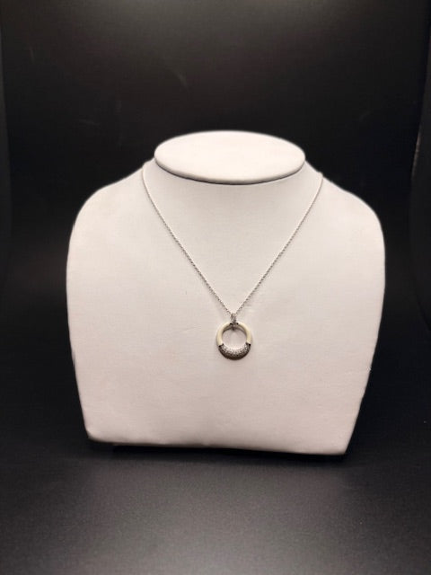 Sterling Silver White Enamel CZ Circle Pendant Necklace
