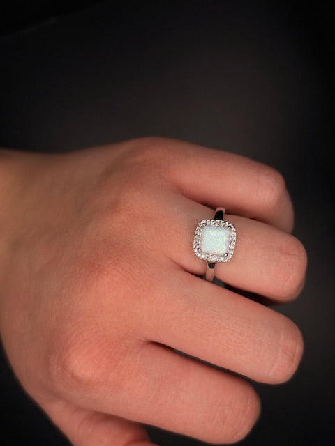 Sterling Silver Lab Grown White Opal Square with Cz's Ring