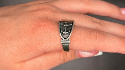 Sterling Silver Genuine Tigers Eye with Anchor Accents Men's Ring