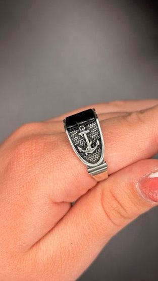 Sterling Silver Genuine Black Onyx with Anchor Accents Ring