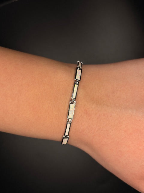 Sterling Silver Lab Grown White Opal Bar Bracelet