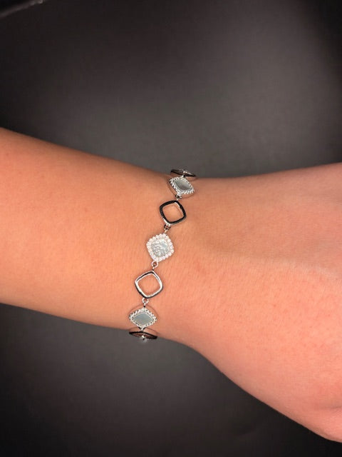 Sterling Silver Micro Pave Cz Genuine Mother of Pearl Bracelet