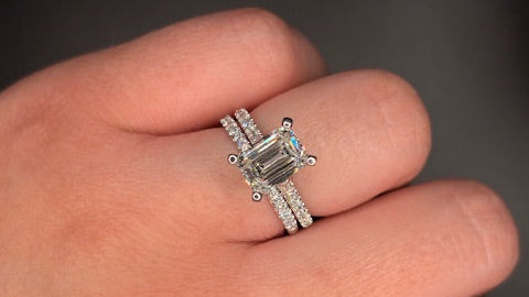 14K White Gold Emerald Cut Lab Grown Diamond Ring With Matching Band