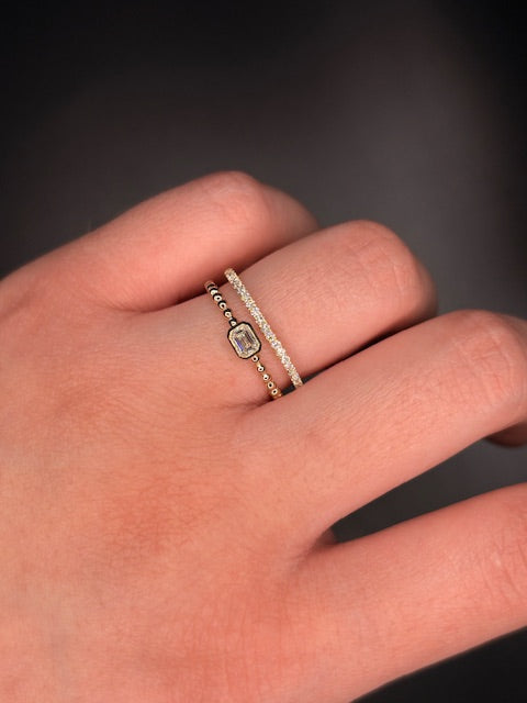 14K Yellow Gold Emerald Cut Natural Diamond and Beaded Stack Ring