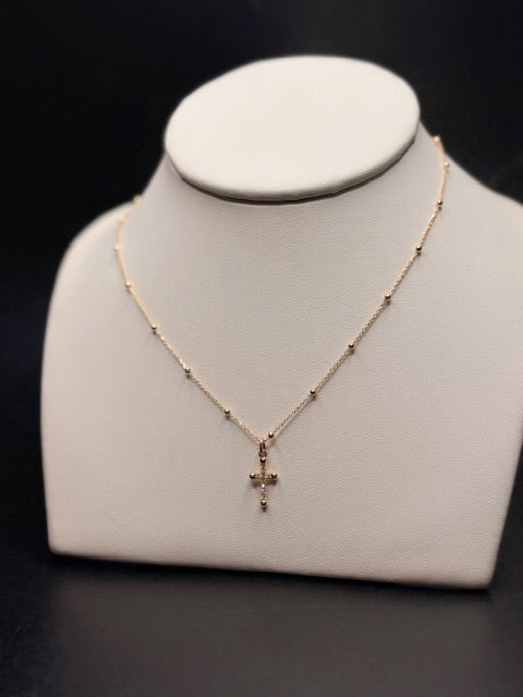 14K Yellow Gold Beaded Natural Diamond Cross Necklace