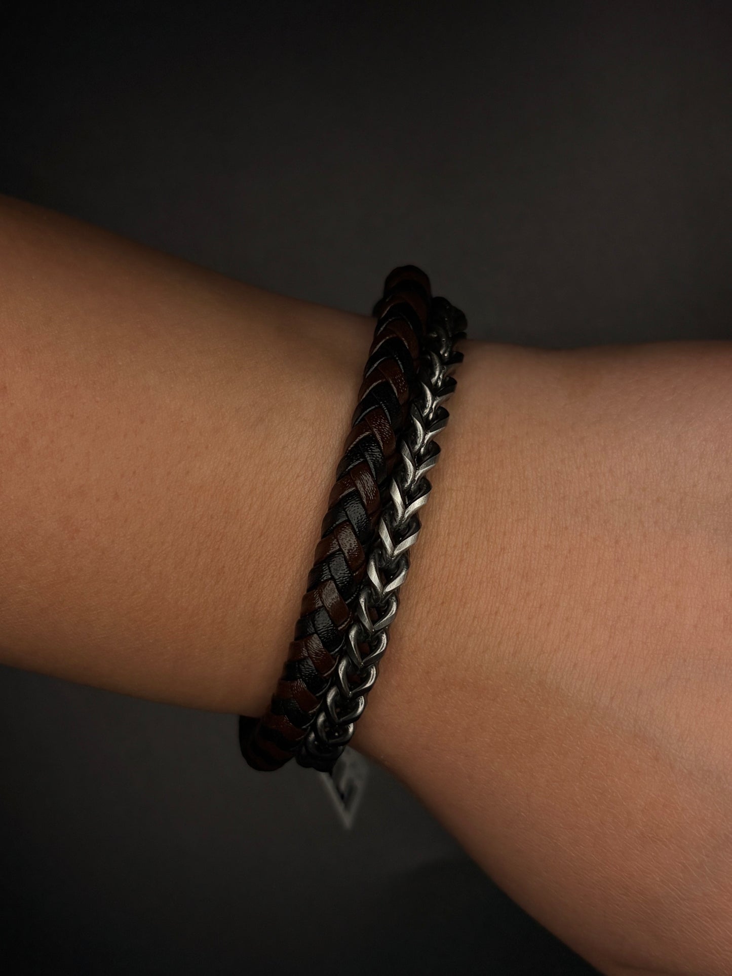 Brown Leather and Stainless Steel Chain Bracelet