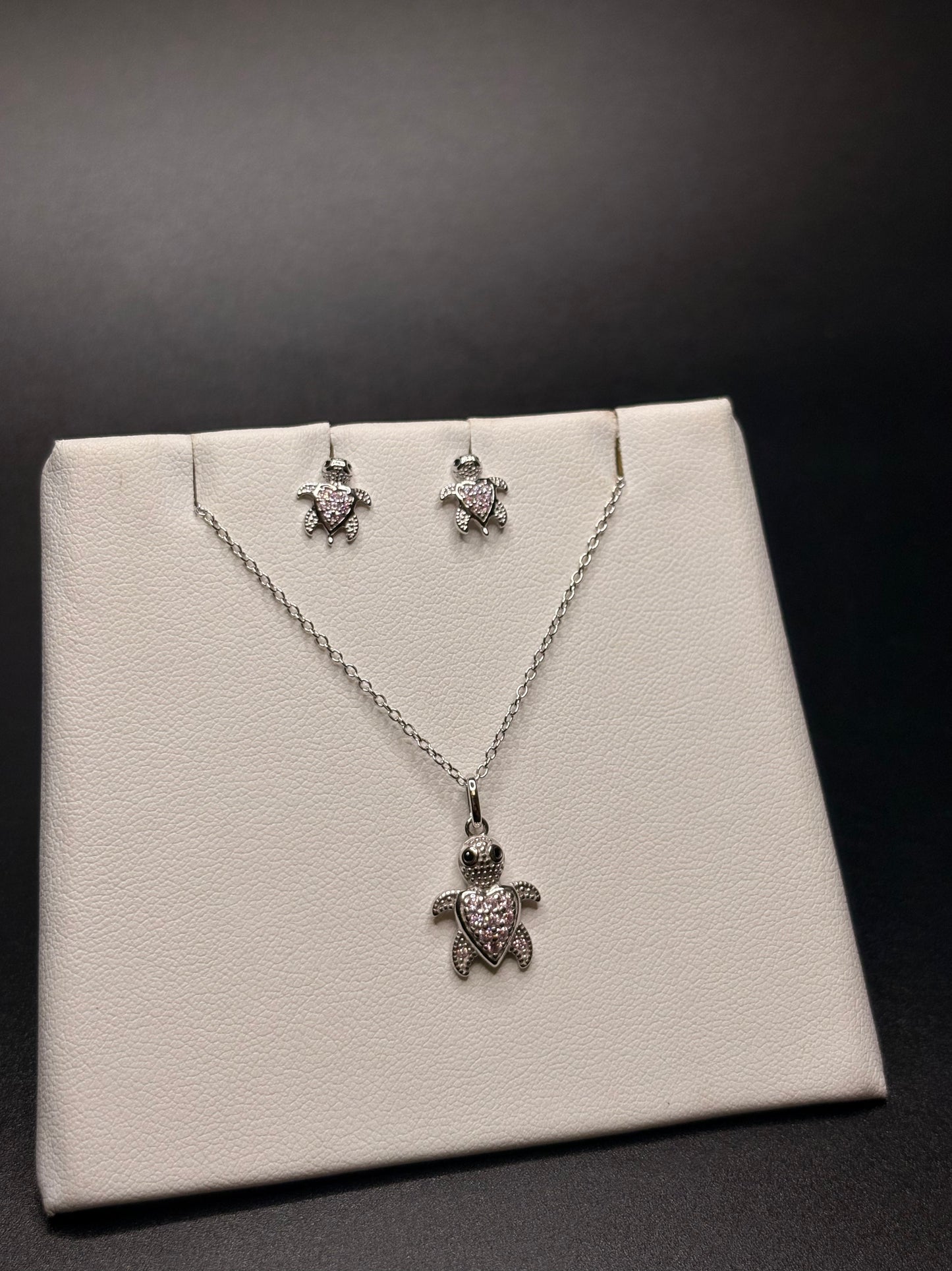 Sterling Silver Pink Cz Turtle Necklace and Studs Set