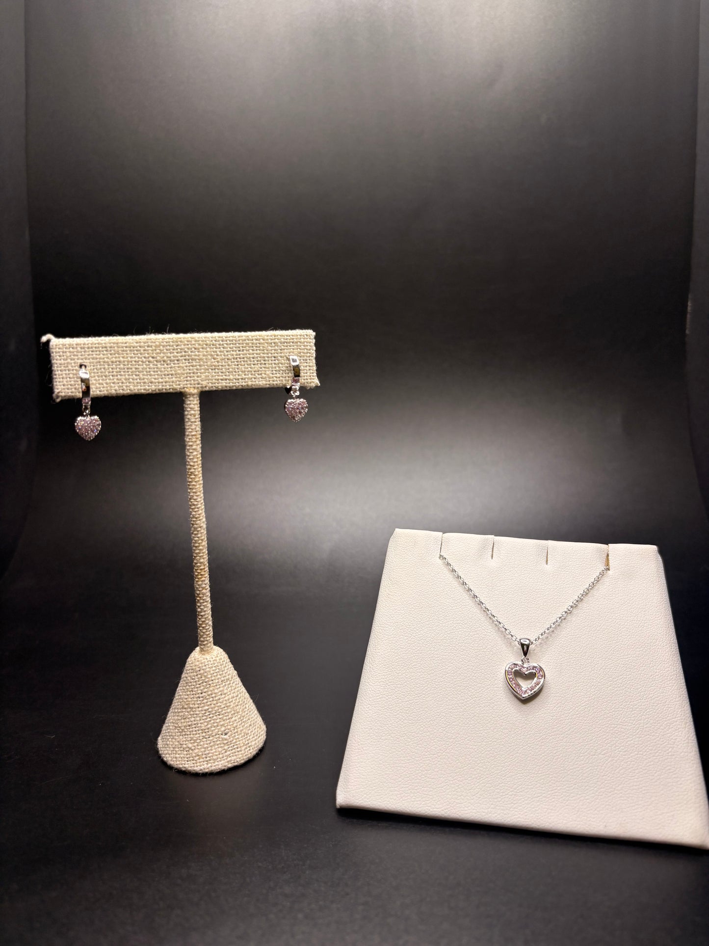 Sterling Silver Pink Cz Heart Hoops And Necklace Set