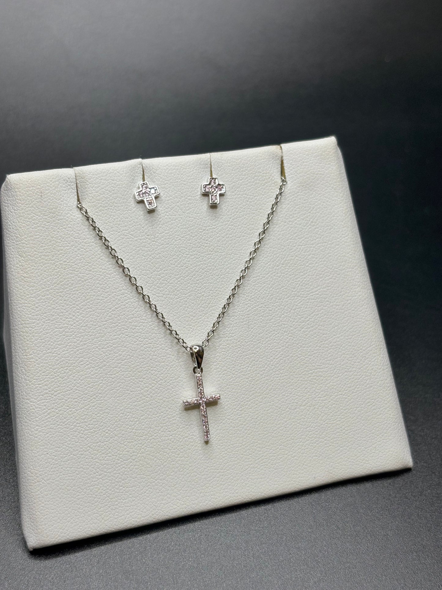 Sterling Silver Pink Cz Cross Studs & Necklace Set