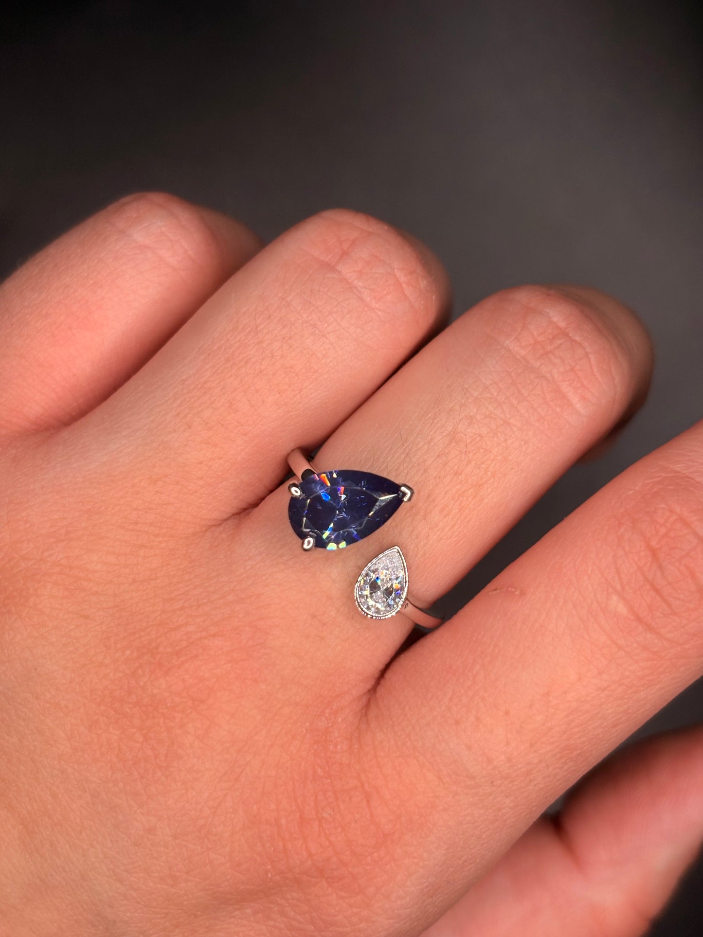 Sterling Silver Blue Sapphire Double Pear Cz Ring
