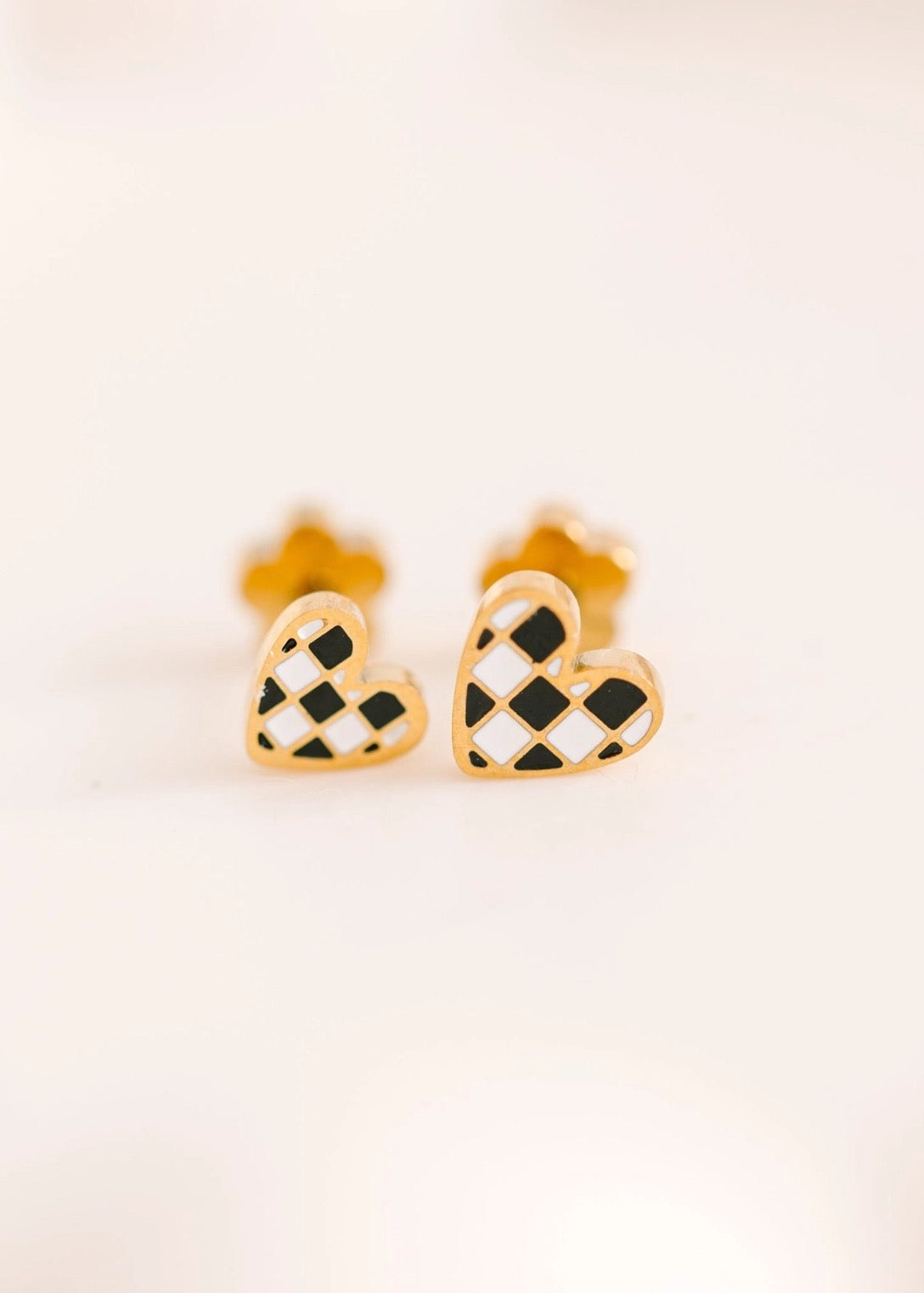Gold Checkered Heart Flat Back Studs