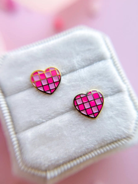 Pink Checkered Hearts Stud Earrings