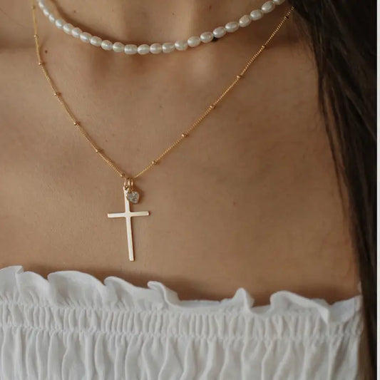 Theresa Charm Religious Cross Necklace Gold Filled with CZ heart