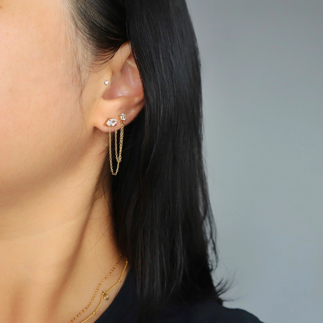 Gold Plated Double Piercing Cz Earrings
