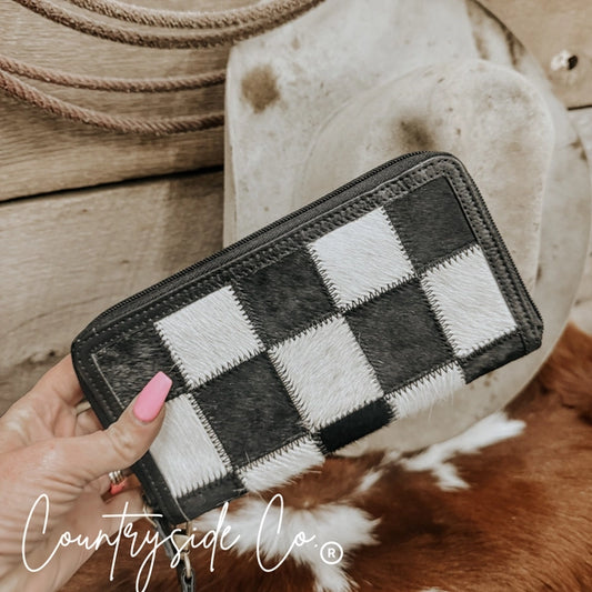 Checkered Cowhide Womens Wallet Wristlet Black