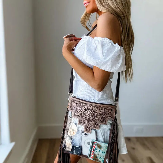 Brown Hand Tooled Clear Cross body