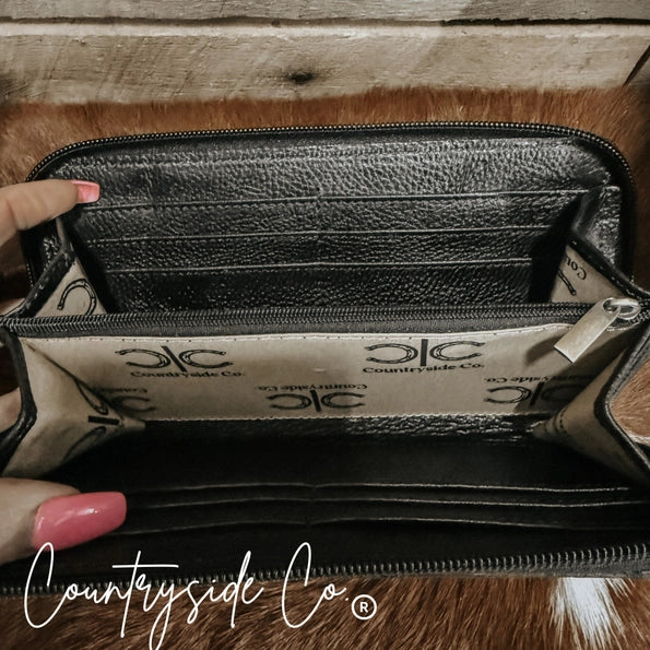 Checkered Cowhide Womens Wallet Wristlet Black