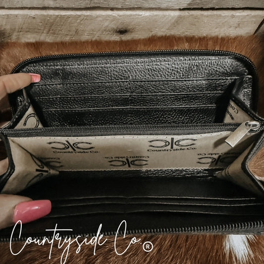 Checkered Cowhide Womens Wallet Wristlet Black
