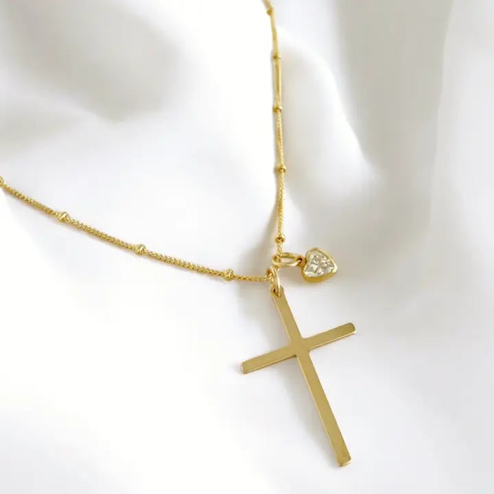 Theresa Charm Religious Cross Necklace Gold Filled with CZ heart