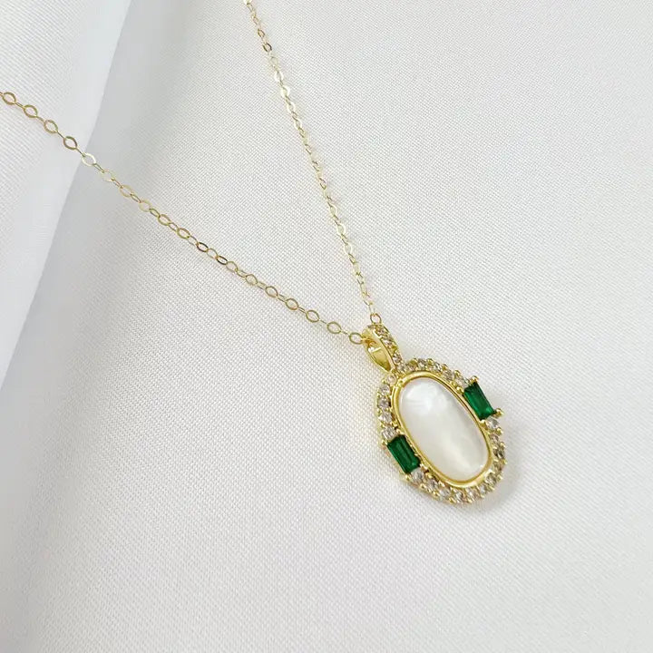 Gold Filled Lab Grown Emerald Bay Mother of Pearl Pendant with Cz's Necklace