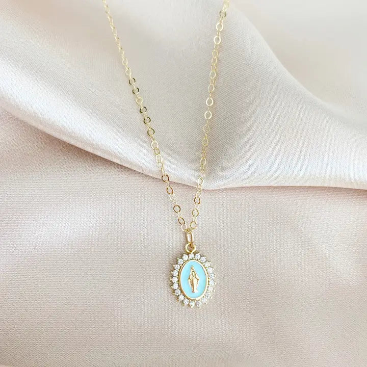Lourdes Virgin Mary Religious Necklace Gold Filled With CZ's