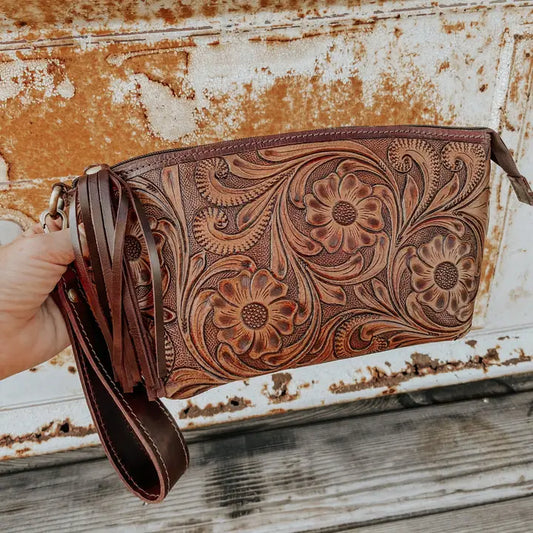 Whiskey Tooled Leather Wristlet - Toiletry Bag