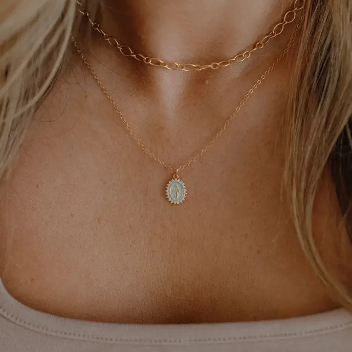 Lourdes Virgin Mary Religious Necklace Gold Filled With CZ's