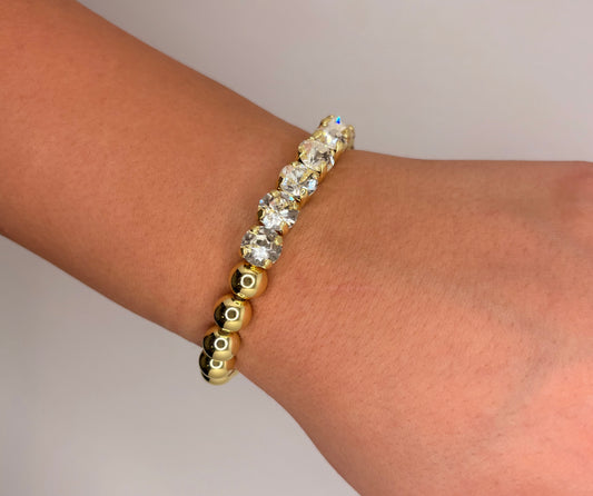 Half Clear Crystal 10k Gold Plated Stretch Bracelet, 7in