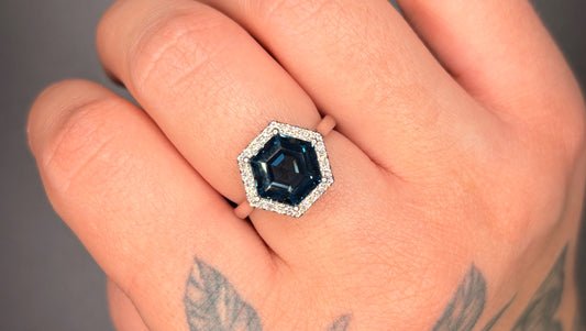 14K White Gold Genuine London Blue Topaz With Natural Diamond Ring