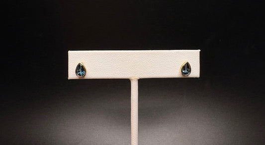 14K Yellow Gold Teardrop Genuine London Blue Topaz Studs