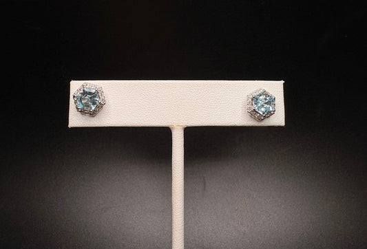 14K White Gold Genuine Aquamarine Stones With Natural Diamonds Studs