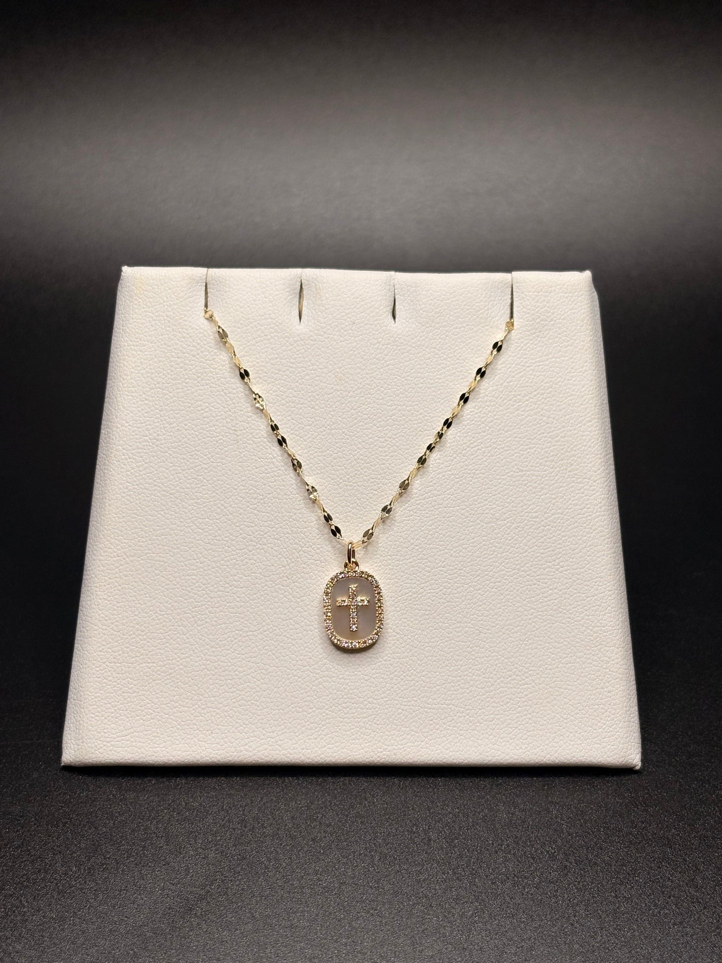 Mother Of Pearl 14k Yellow Gold Cross With Diamonds Necklace