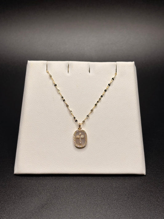 Mother Of Pearl 14k Yellow Gold Cross With Diamonds Necklace