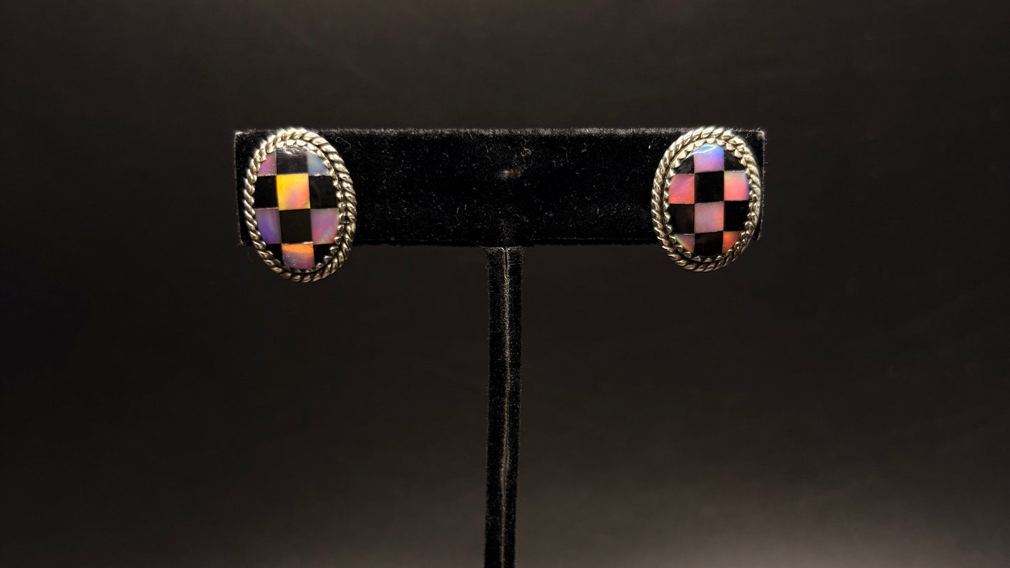 Sterling Silver Aurora Opal Black Onyx Checkered Earrings