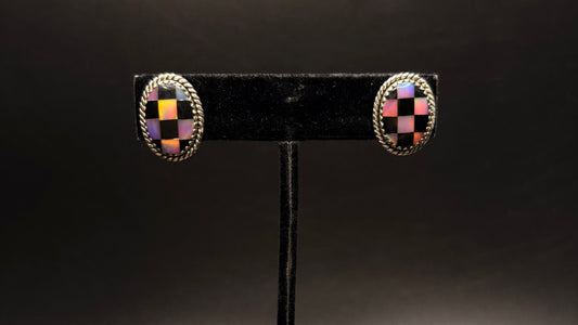 Sterling Silver Aurora Opal Black Onyx Checkered Earrings