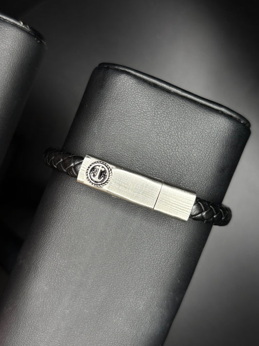 Black Leather Stainless Steel with Anchor Bracelet